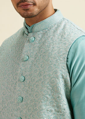 alt message - Manyavar Men Aqua Green Kurta Jacket Set with Exquisite Hand Embroidery and Cutdana Work image number 1